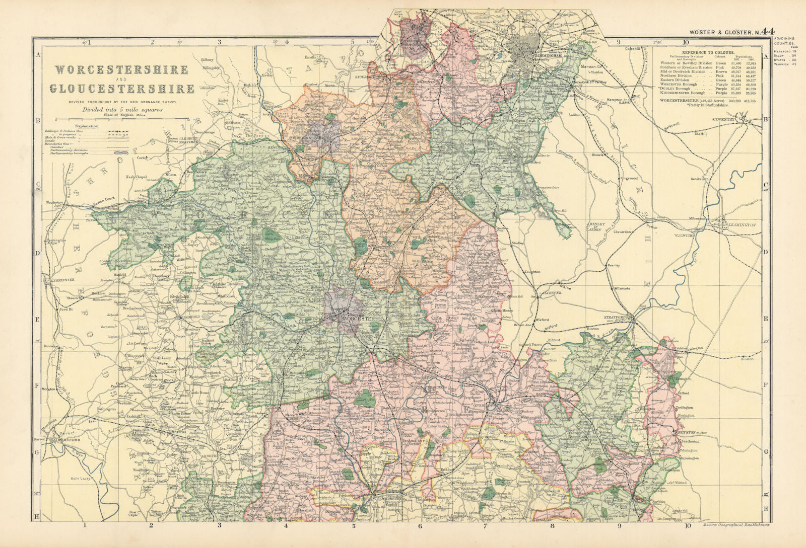 WORCESTERSHIRE & GLOUCESTERSHIRE (North) antique county map by GW BACON 1895